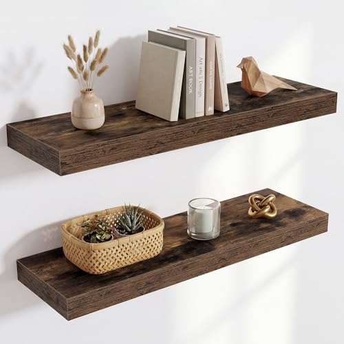 Image of Acovy 24in Long Floating Shelves for Wall Set of 2, Wood Wall Shelves for Bathroom Bedroom Kitchen Living Room Laundry Room, Modern Floating Shelf for Home Decor