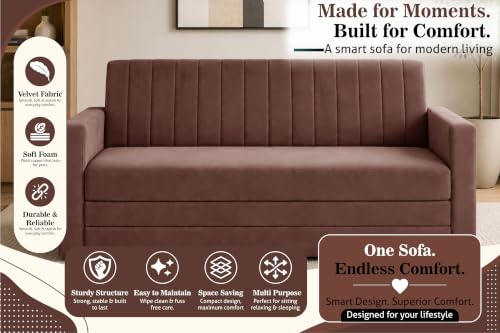 Image of 3-Seater Velvet Sofa Cum Bed with Armrests | Modern Convertible Sleeper Couch | Stylish Sofa Bed for Living Room, Bedroom & Office | Brown