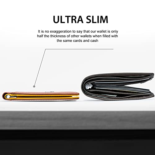 Image of GSOIAX Mens Slim Wallet RFID Blocking Bifold wallets for men Minimalist Genuine Leather Carbon Fiber Card Holder Money Clip Thin Mens with Gift Box (Brown and Yellow)