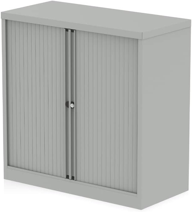 Qube by Bisley Office Classroom Teacher Low Tambour Cupboard Storage Unit Goose Grey
