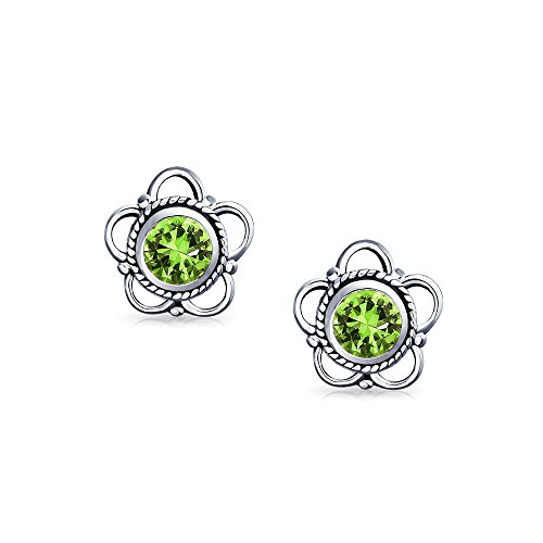 Bali Style Tiny Flower Lime Green Peridot Gemstone Stud Earrings For Women Oxidized Sterling Silver August Birthstone #TOP1