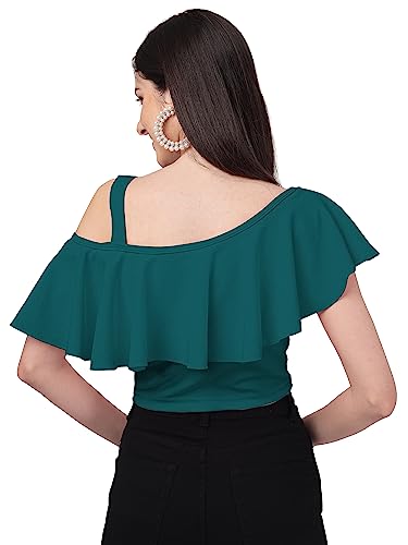Image of Mehrang Women's Casual Solid Flared Crop Top Round Neck Stretchable Blend for Women /Top for Girls