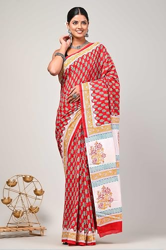 Image of Mulmul Cotton Saree for Women with Blouse Piece | Ajark Sarees | Hand Block Prints Sari | Bagru Print | Soft Mul Cotton Sadi