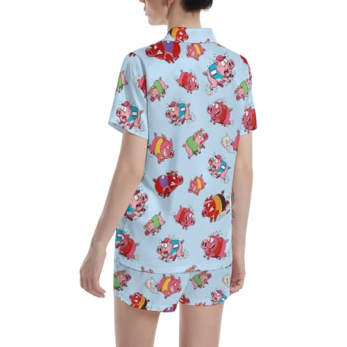 Image of Funny Pajamas for Women Set Print Satin Loungewear Pjs Short Sleeve Button Down Top and Shorts Sets Sleepwear XS-3XL