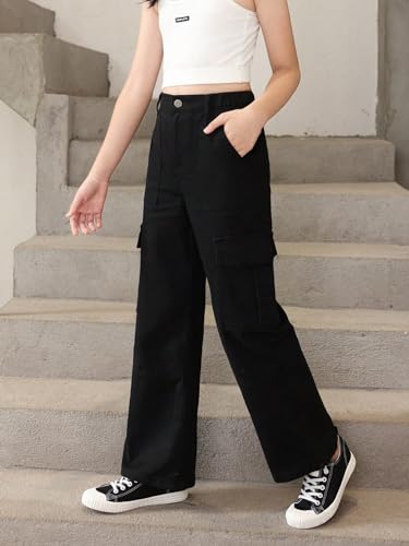 Floerns Girl's Flap Pocket Side Denim Jeans Straight Leg Loose Fit Cargo Pants3