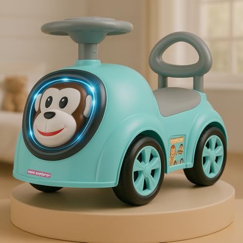 Image of MiniExplorer Monkey Ride-On Toy Car for Kids | Push Ride Car with Music, Horn, Backrest, Safety Guard, Under Seat Storage & Big Wheels | Baby Ride-On for 1-3 Years Boys & Girls - Blue