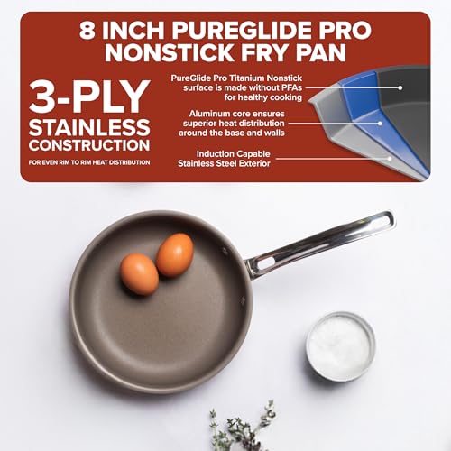 Image of Viking PureGlide Pro 3-Ply Nonstick Frying Pan, Made without PFAS, 8-Inch Induction Cookware, Metal Utensil Safe Titanium Nonstick Surface, Oven Safe to 600F