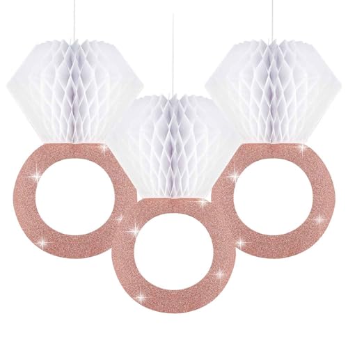 Image of 3 Pieces Honeycomb Diamond Ring Hanging Decorations for Wedding Party Bridal Shower Engagement - Glitter Gold Paper Balls Supplies for Engaged Decor (Rose Gold)