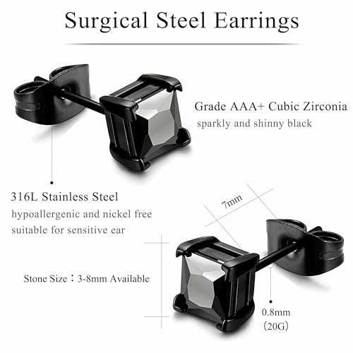 Jstyle Stainless Steel Black Stud Earrings for Men Women 20G Cubic Zirconia Black Earrings Studs for Sensitive Ears Hypoallergenic CZ Surgical Steel Earrings Pierced 3-8mm2