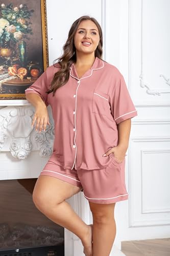 Image of Vozanet Women's Plus Size Button Down Pajamas Soft Lounge Sets Shorts with Pockets Bride Nighty Solid Soft Pjs 1x to 5x
