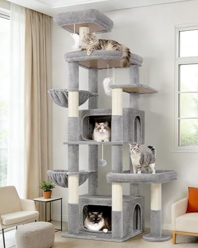 Image of Globlazer 75in Sturdy Cat Tree for Large Cats, Heavy Duty Multi-Level Cat Tower for Indoor Cats with Extended Platform, 2 Spacious Condos, 2 Padded Perches, 6 Sisal Scratching Posts, S75, Light Grey