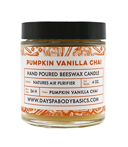 Pumpkin Vanilla Chai Hand-Poured Beeswax Candle - All-Natural, Cotton Braided Wick, Chemical Free, Smokeless, Cleans Air, Non-Toxic, Non-Polluting, Non-Allergenic, Made in USA