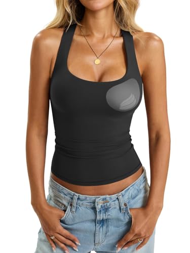Tomwell Damen Racerback Tank Tops Mit Pads Doppelt Gefüttert Top mit Integriertem Cups Cami Tops Basic Fitted Shirts Sommer Going Out Tops Schwarz S