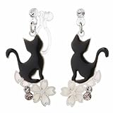 Piena イヤリング レディース ノンホール 樹脂 ラインストーン 桜 花びら 黒猫 日本製 揺れる 金属アレルギー対応