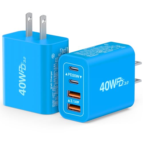 Image of [40W /2Pack] Wall Charger,USB C Charger Block, Multi-Port PD + QC 3.0 Super Fast Charging Power Plug Adapter Brick for Watch Series 9 8 7, iPhone 17 16 15 14 13 Pro Max Airpod, Samsung Galaxy S24(Blue)
