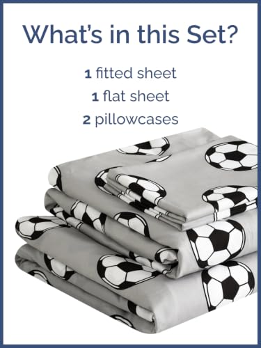 Image of Kids Full Size Soccer Bed Sheets - 4 Piece Kids Soccer Sheet Set - Athletic Sporty Bedding - Ultra-Soft, Cute & Cozy - Breathable & Machine Washable - Grey Bed Set for Boys, Girls, Teens & Toddlers