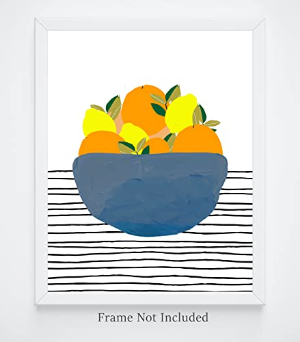 Abstract Fruit No.20 Bowl Of Oranges & Lemons Wall Art Print. 11X14 Unframed Modern Watercolor Kitchen Decor. Bright Shades Of Orange,Yellow, Green, Black & Blue On White. #TOP1