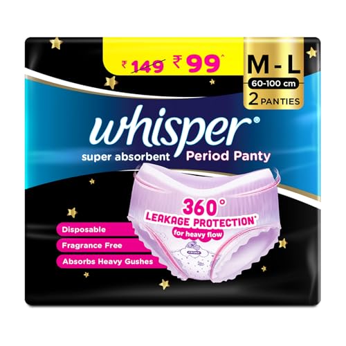 Whisper Super Absorbent Period Panty, 2 M-L Pants, 360 Degree Leakage Protection* for Heavy Flow, Panty like Fit, Full back Coverage, Absorbs Heavy Gushes, Silky Soft, Comfortable Feel