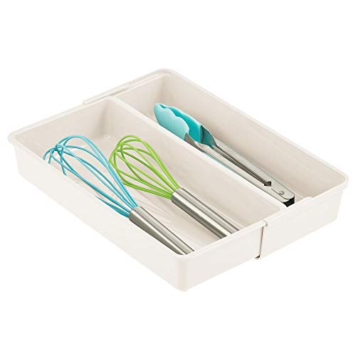 mDesign Cubertero extensible – Prácticos organizadores de cubiertos con 2 compartimentos para la cocina – Separador de cajones antideslizante de plástico sin BPA para armarios y cómodas – crema