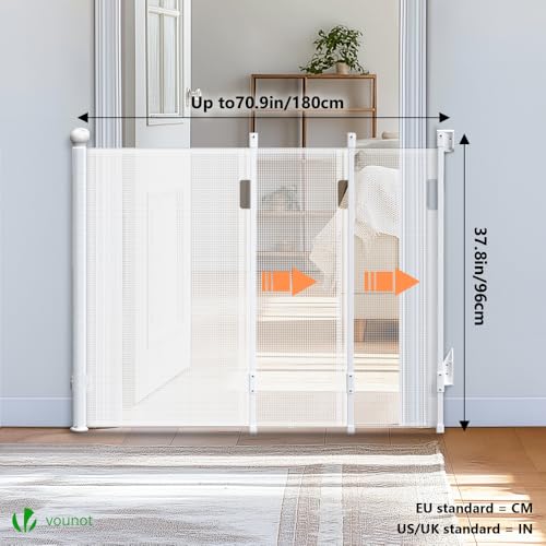 VOUNOT Treppenschutzgitter Türschutzgitter Ausziehbar 0-180CM, Kinderschutzgitter Absperrgitter Baby, Schutzgitter Treppe, Treppenschutzrollo für Kinder, Katzen und Hunde, Weiß