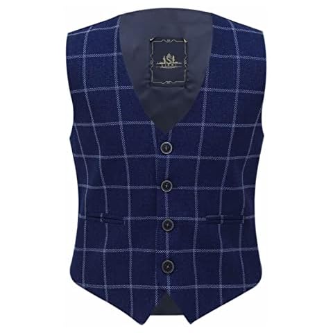 Boys Tweed Windowpane Check Navy Blue Waistcoat Cotton Slim Fit Retro Smart Casual Dress Single Breasted Vest Size 13 Years Cover