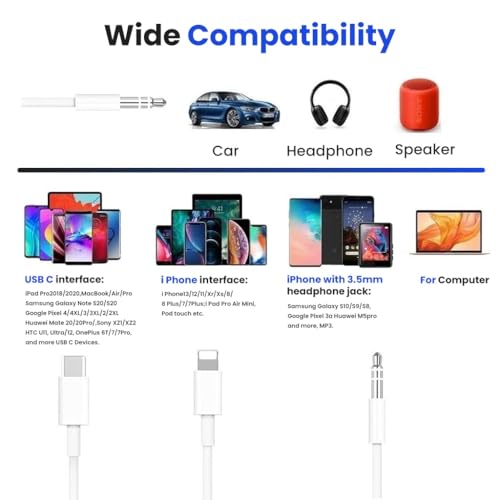 Image of Verilux 3 in 1 Type C to 3.5 mm Audio Aux Jack Cable 1.2M /3.9Ft, 3.5mm Jack to USB C /Lighting /3.5mm Cable for iPhone 17 /16 /15 /14 /13 /12 /11, iPad Pro, Galaxy S25 /S24 /S23, Work with Car Stereo