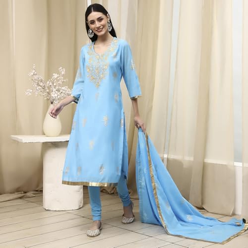 Image of BIBA Women Poly Chanderi Straight Printed Suit Set