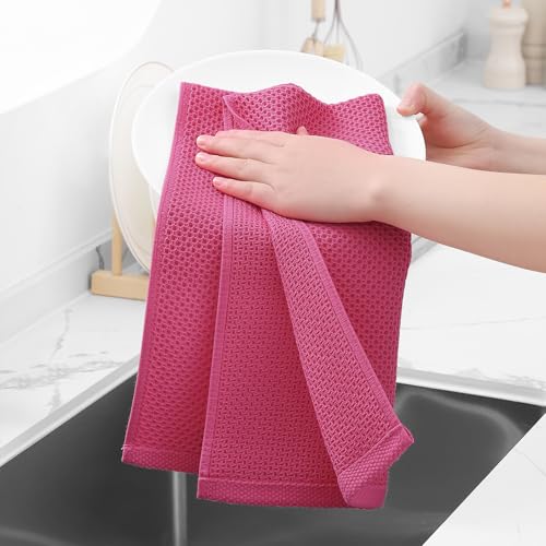 Image of Homaxy 100% Cotton Waffle Weave Kitchen Dish Towels, Ultra Soft Absorbent Quick Drying Cleaning Towel, 13 x 28 Inches, 4-Pack, Hot Pink