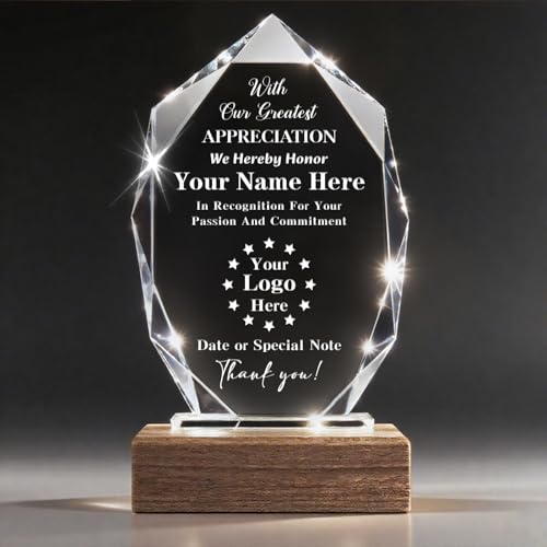Personalized Crystal Trophy Award with Wood Base - Customized Engraved Text and Logo on Glass Plaque - Appreciation Gift for Employees,Coworker,Boss,Retirement Recognition,Thanks Gifts (Appreciation)