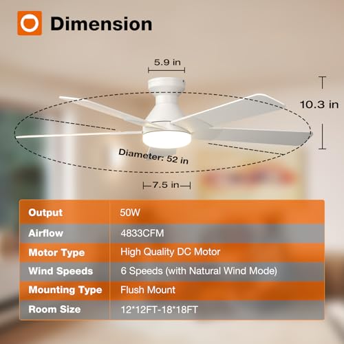 Image of addlon Ceiling Fans with Lights, 52 inch Low Profile Ceiling Fan with Light and Remote Control, Flush Mount, Reversible, 3CCT, Dimmable, Noiseless, White Ceiling Fan for Bedroom, Indoor /Outdoor Use