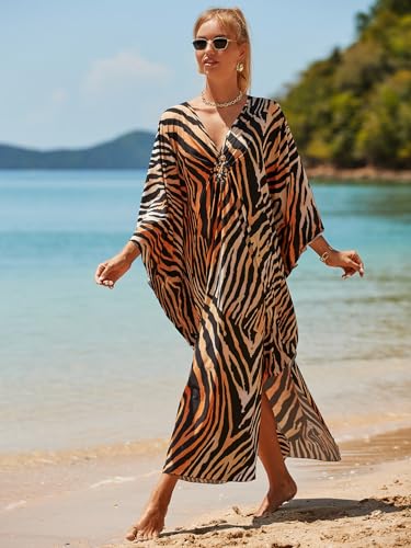 Image of IMAGEKOPE Women's Plus Size Animal Print V-Neck Batwing Kaftan Beach Dress Bathing Suit Cover-Up Loungewear