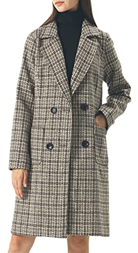 Image of chouyatou Women Elegant Notched Collar Double Breasted Wool Blend Over Coat (X-Large, Khaki-Plaid)