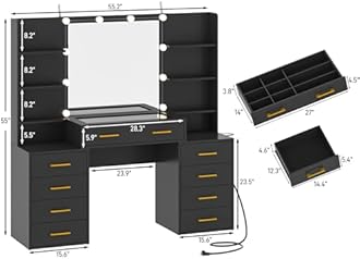 jiteentarou 55 in Glass Top Vanity Desk with Mirror and Lights, Large Vanity Makeup Mirror Desk with Charging Station Compartment Storage Drawers, Modern Makeup Vanity with 9 Drawers 6 Shelves, Black
