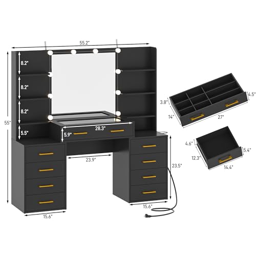 jiteentarou 55 in Glass Top Vanity Desk with Mirror and Lights, Large Vanity Makeup Mirror Desk with Charging Station Compartment Storage Drawers, Modern Makeup Vanity with 9 Drawers 6 Shelves, Black