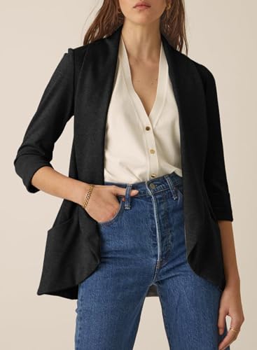 Happy Sailed Blazer Jackets for Women Open Front 3/4 Sleeve Work Office Suits Spring Summer Black Small2