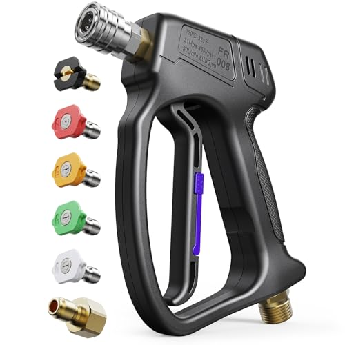 Image of Short Pressure Washer Gun, 4000 PIS Power Washer Gun Car Washing | Stubby High Pressure Washer Gun, M22-14mm, 3 /8 inch Male Plug, 1 /4 inch Quick Connect, 5 Spray Nozzle, Car Wash Gun for Foam Cannon