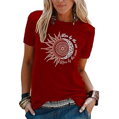 Colisha Women Live by The Sun Love by The Moon T Shirts Teen Girl Cute Graphic Tshirt Boho Tee Casual Short Sleeve Top S Wine Red Cover
