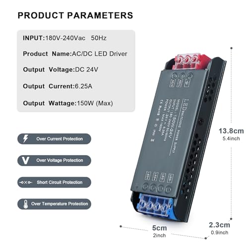 Image of QNNP LED Driver 150 Watts 24V Low Voltage Transformer Power Supply Transformer Adapter AC 100V-265V to 24V DC, LED Power Supply for Indoor Lighting