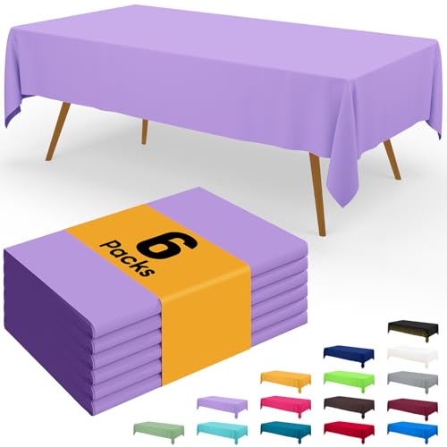 Image of Smiry Disposable Table Cloth - 6 Pack, 54 x 108 Inch Waterproof Rectangle Tablecloths for Parties, Decorative Plastic Table Cover, Leakproof & Sturdy, Lavender