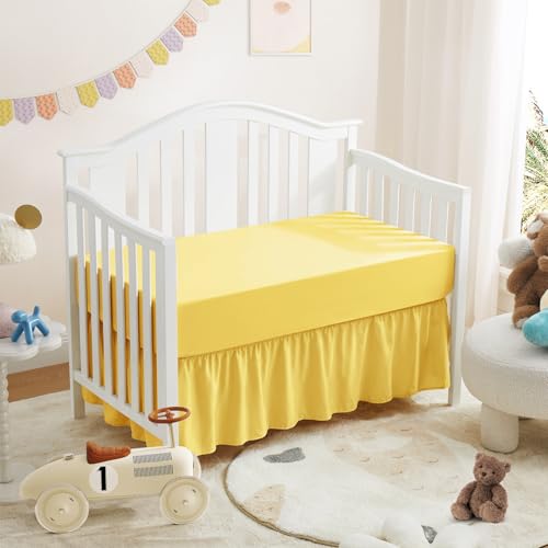 Image of Horbaunal 2 Pack Set Crib Skirt & Crib Bed Sheet, Yellow | Crib Bed Skirt 28 inch x 52 inch, 14 inch Drop Dust Ruffle, Microfiber Toddler Bedskirt, for Baby Girls and Boys