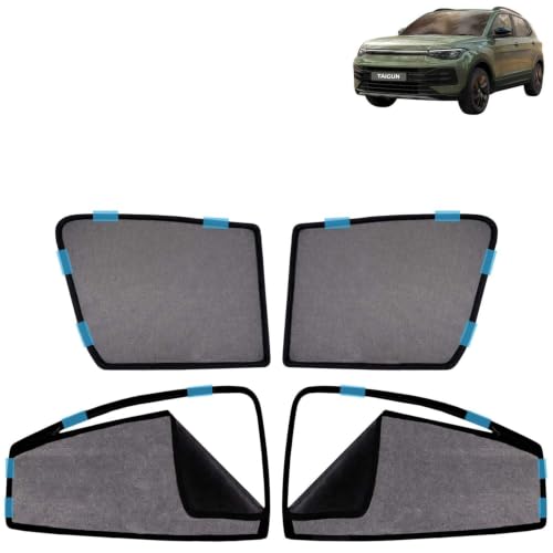 Image of KINGSWAY Car Sun Shade Curtains Only Compatible with Volkswagen Taigun (2026 Onwards) | Front Window in Half Cut and Rear in Zipper (Magnetic) | UV & Heat Protection | Pack of 4 Pcs