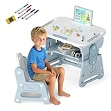 Costzon Kids Table and Chair Set, Height Adjustable Art Desk Set w/Whiteboard, Tilting...