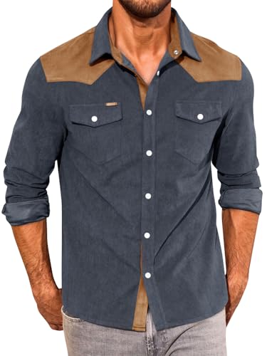 Image of Yousify Mens Western Cowboy Shirt Retro Corduroy Shirts with Pockets | Long Sleeve, Button Down, Vintage Snap Shirt, Country Shacket Jackets