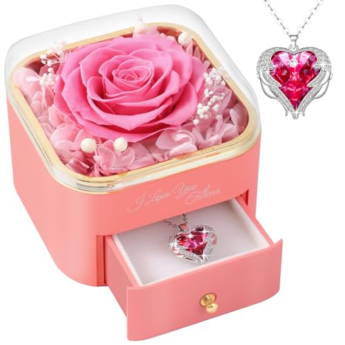 FRFG Rose Eternelle avec Collier Coeur, Cadeau pour Femmes pour la Saint-Valentin, Roses Préservé avec Bijoux, Cadeau Anniversaire Femme, pour Épouse Maman...