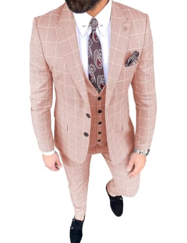 Men’s Plaid Suit Slim Fit 3 Piece Checked Suits Two Buttons Formal Wedding Groomsmen Suits Blazer Vest Pants Set