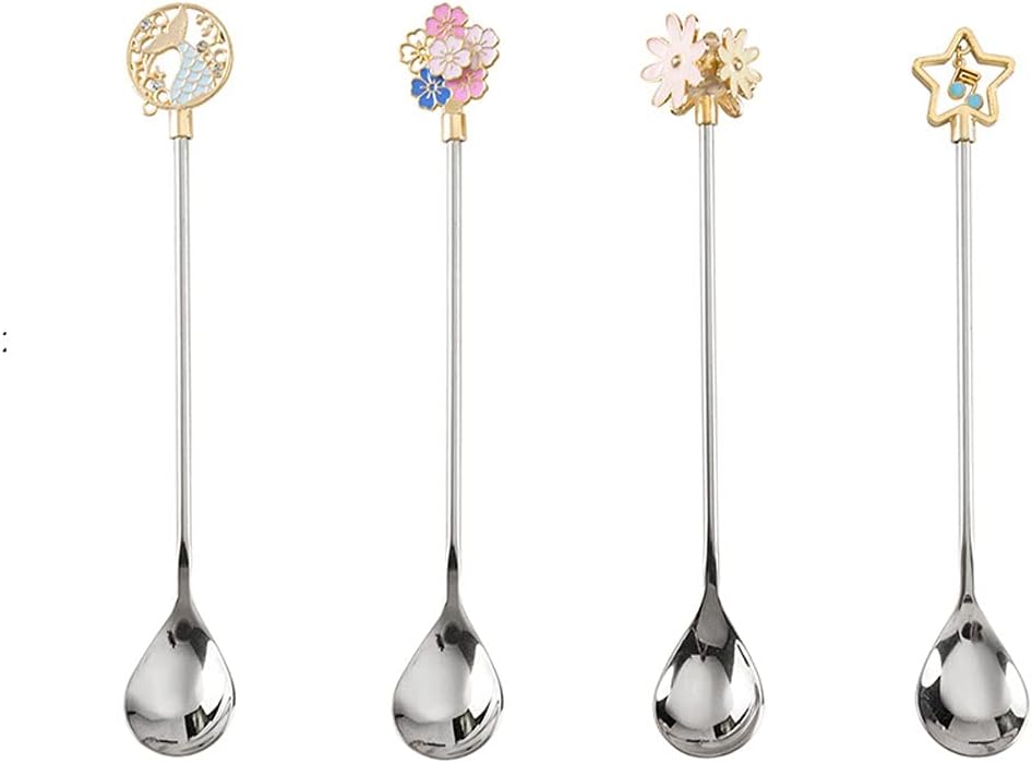Tea spoons Stainless Steel Sakura Spoon Coffee Stirring Spoon Eating Spoon Spoon Stainless Steel Spoon Soup Spoon Cake Dessert Spoon Very Suitable for Home Use 2 Pieces Ice tea spoons (Color : E)