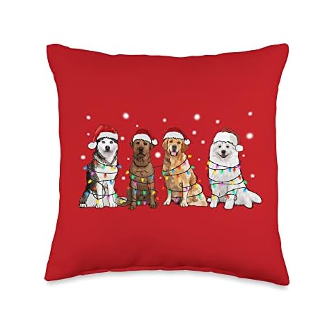 Sillybean Christmas Dogs in Snow with Santa Hats and Holiday Lights Throw Pillow, 16x16, Multicolor Cover