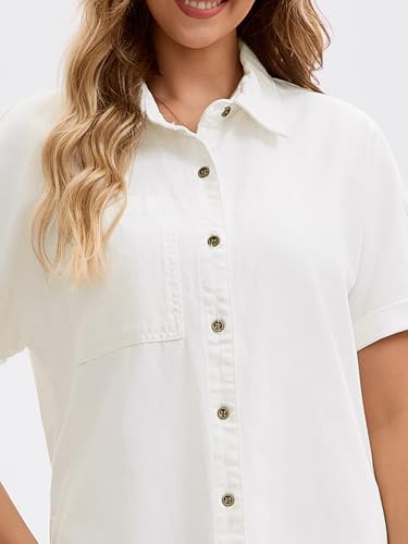 Image of Women's Midi Denim Dress Summer Short Sleeve Button Down Casual Loose Long Tunic Jean Shirt Dress
