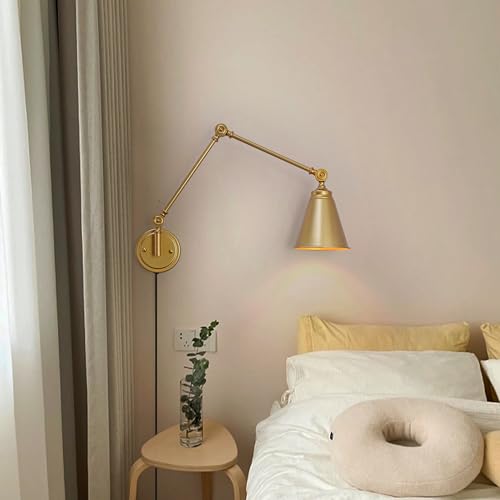 Image of SUNLLOK Modern Gold Plug in Wall Sconces - Industrial Adjustable Swing Arm Hanging Wall Light Fixture - Indoor Rustic Reading Wall Lamp Decoration for Living Room, Kids Bedroom, Office (1)