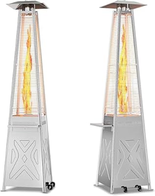 42,000 Patio Heater with Beverage Shelf, Pyramid Outdoor Patio Heater with Cover, Quartz Glass Tube Stainless Steel Propane Heater with Wheels & Ground Spike